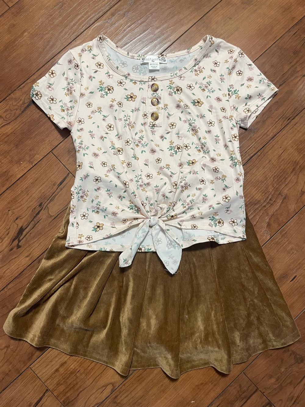 Knitworks Cream Floral Tie-Front Top and Gold Velvet Skirt Kids Matching Set